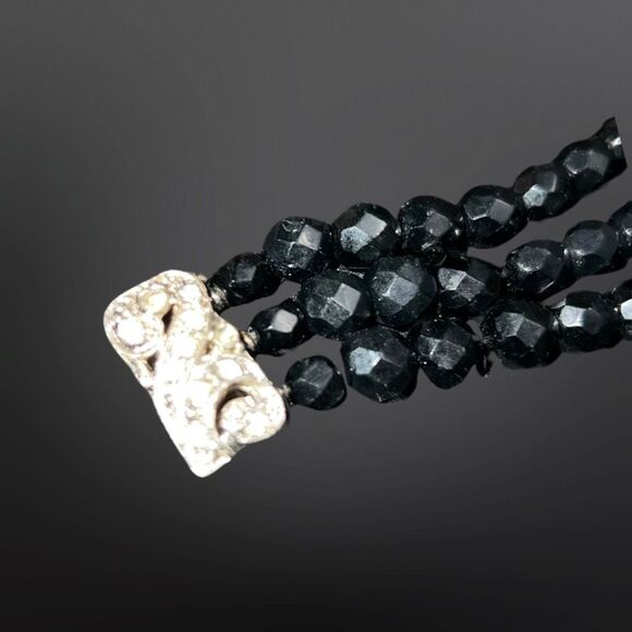 Antique Art Deco Black Glass Beaded Bracelet Rhinestone Clasp B12 - Picture 3 of 4